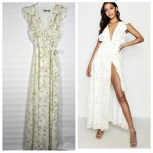 Boohoo floral frill detail wrap maxi dress